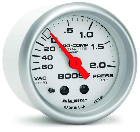 Auto Meter 4303 Ultra-Lite mechanical boost/vacuum gauge, 2.3125 in dial, white face, red needle, silver bezel