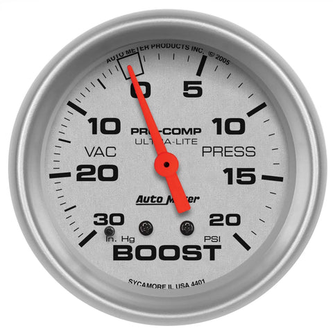 Auto Meter boost/vacuum gauge, Ultra-Lite mechanical, 2.625 in, silver dial with red needle