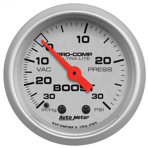 Auto Meter 4303 Ultra-Lite boost/vacuum gauge, 2.3125 in, silver dial with red needle