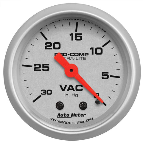 Auto Meter 4384 Ultra-Lite vacuum gauge, 2.3125 in dial, silver face with red pointer