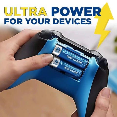 Person installing AA batteries from the Alkaline Battery 24 Count Pack 12 AA And 12 AAA Reclosable Packaging into a game controller