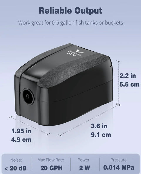 Pawfly aquarium air pump, compact black plastic aerator for 0–5 gallon fish tanks, 20 GPH