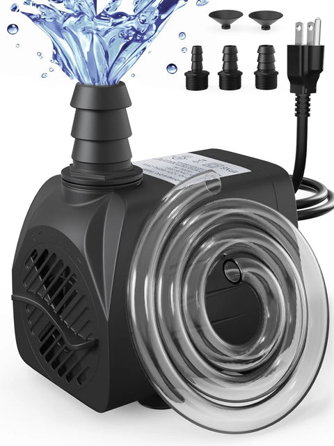 Amazon 400GPH submersible water pump, black plastic body with clear impeller housing and 3 nozzle adapters