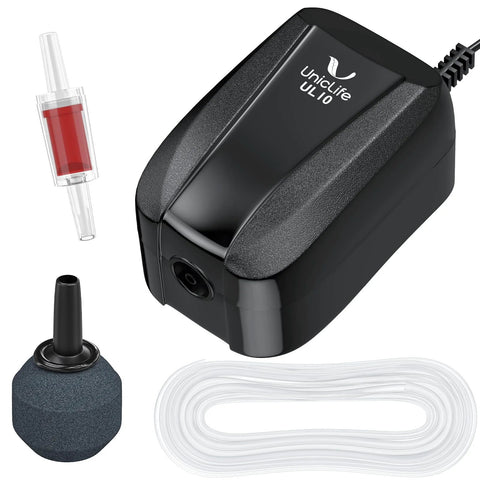 Pawfly aquarium air pump, 20 GPH, for tanks up to 5 gal; includes airline tubing, air stone, and check valves.