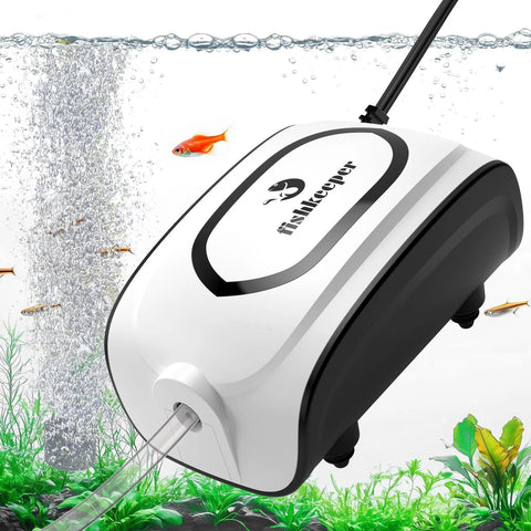 Fishkeeper aquarium air pump, white and black, dual outlets, ultra-quiet 3W/5W for 1-160 gal tanks.