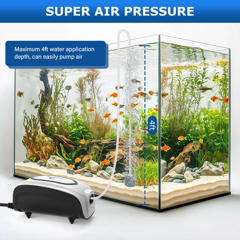 Fishkeeper aquarium air pump, Amazon white and black housing with dual outlets and tubing to planted tank.