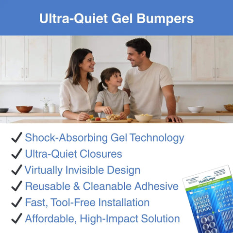 Ultra Quiet Gel Bumpers 104 Piece Variety Pack With Multi Compound Polyurethane Skin And Gel Core, Shock Absorbing Noise Dampening For Cabinets, Drawers, Interior Doors, And Sliding Doors, Protect Surfaces And Keep Living Spaces Quiet packaging with family in kitchen