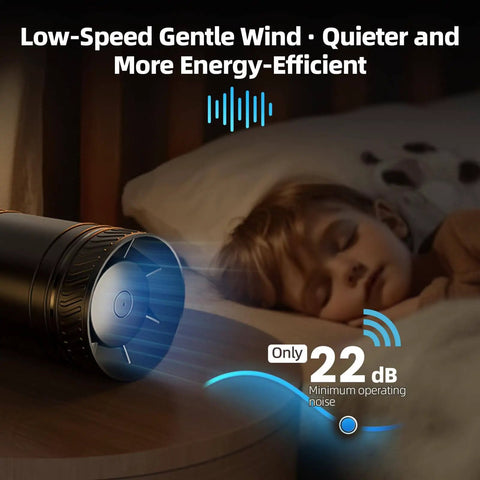 Ultra Quiet 4 Inch Inline Duct Fan With Stepless Speed Controller next to sleeping child shows low-noise feature, 22 dB.