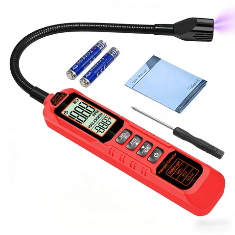 Halogen leak detector, red handheld with UV probe and digital display; includes 2 AA batteries and manual.