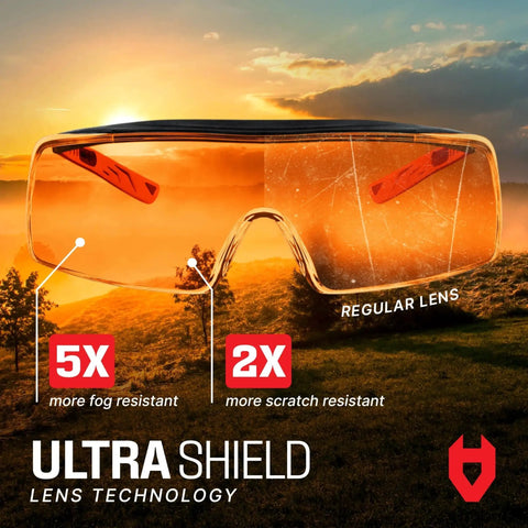 Blue Light Blocking Glasses for Over Glasses With ANSI Z87 1 and UV Protection showcasing Ultra Shield lens technology at sunrise.