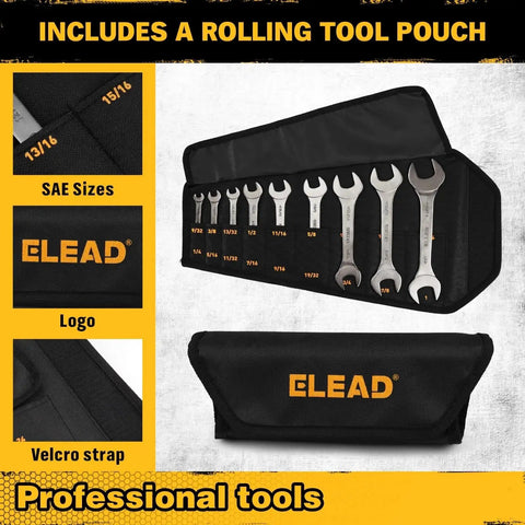 Ultra Slim 19 Piece Open End Wrench Set With Roll Up Pouch displayed with SAE sizes in organizer