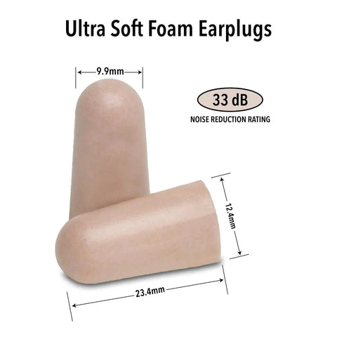 Ultra Soft Foam Earplugs 50 Pairs With 33 dB NRR For Deep Sleep And Snoring Reduction, comfortable foam material, dimensions labeled