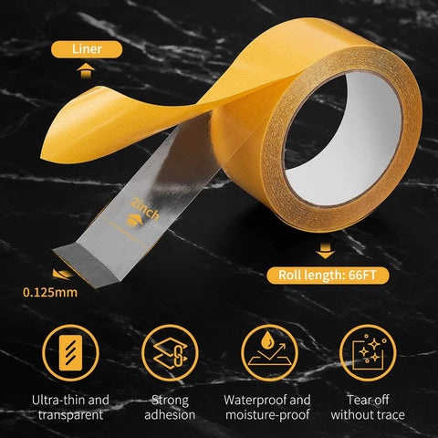 Ultra Thin Clear Double Sided Tape Heavy Duty Adhesive 2 Inch By 66 Feet with liner, features, and roll length on a black background