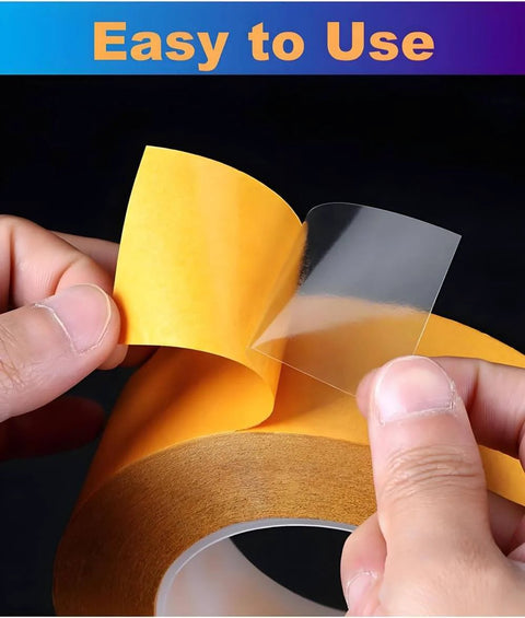 Person peeling Ultra Thin Clear Double Sided Tape For DIY Crafts And Home Projects from yellow backing, showing clear adhesive