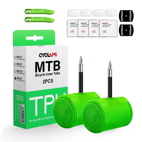 CYCLAMI MTB inner tubes 2-pack, neon green TPU with 45mm Presta valves, 29x1.9-2.5 compatible, box and accessories