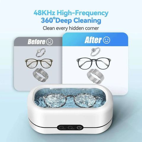 48KHz Ultrasonic Jewelry Cleaner With Dual Cleaning Modes 12oz 304 Stainless Steel Tank showing before and after cleaning results for jewelry and eyeglasses.