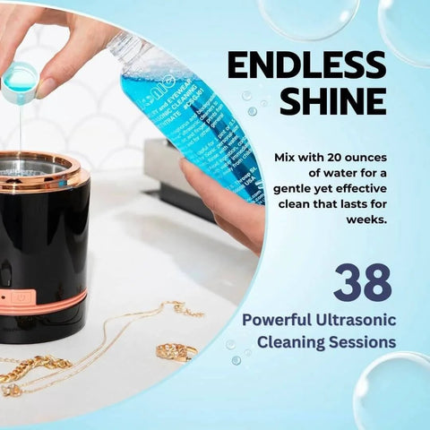 Person pouring blue Ultrasonic Jewelry And Eyewear Cleaning Solution Concentrate 8 Oz into ultrasonic cleaner with jewelry.