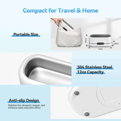 48KHz Ultrasonic Jewelry Cleaner With Dual Cleaning Modes 12oz 304 Stainless Steel Tank highlighting portable size and anti-slip design