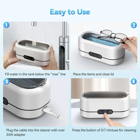Instructions for using the 48KHz Ultrasonic Jewelry Cleaner with dual cleaning modes, showing setup, eyeglasses placement, and button operation.