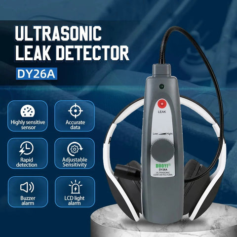 Amazon Ultrasonic Leak Detector DY26A with headphones, gray handheld unit, 40KHz, 420mm probe, adjustable sensitivity