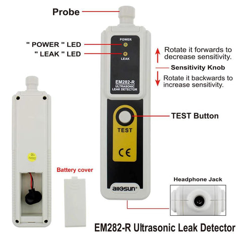allsun EM282-R Ultrasonic leak detector handheld with probe, dual LED indicators and battery cover