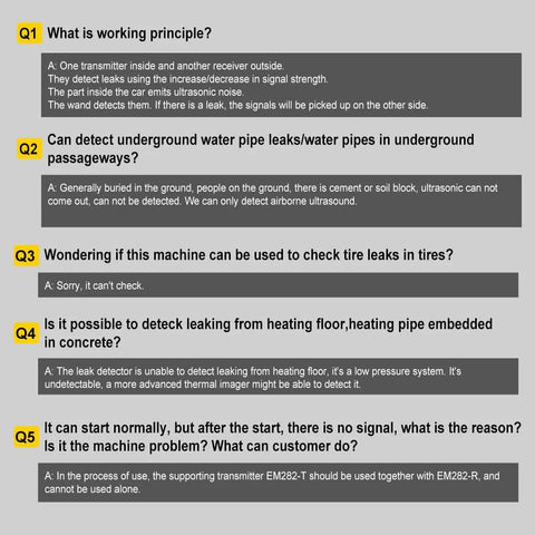 Q&A infographic for allsun Ultrasonic Vacuum Leakage Detector for HVAC/auto; 40KHz leak monitor, dual LED, 2 sensors.
