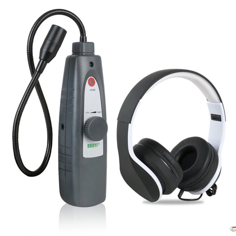 Ultrasonic leak detector with 420mm probe and headphones; gray handheld unit with red LEAK button and adjustable sensitivity.