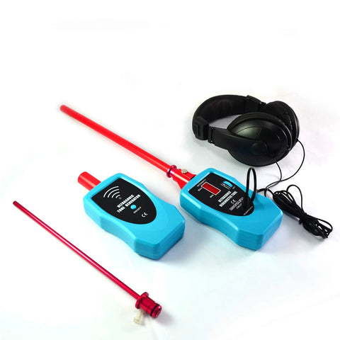 Ultrasonic leak detector kit with two blue handheld units, red probes, and wired headphones.