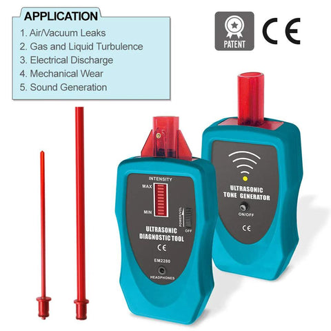 Ultrasonic leak detector diagnostic stethoscope kit, two blue handheld units with red probes