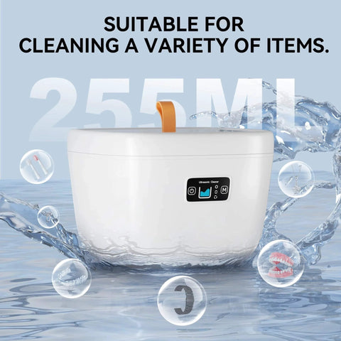 Ultrasonic Retainer Cleaner 45kHz Dental Cleaning Machine For Dentures Aligners Braces Jewelry, 255ml capacity, off-white design