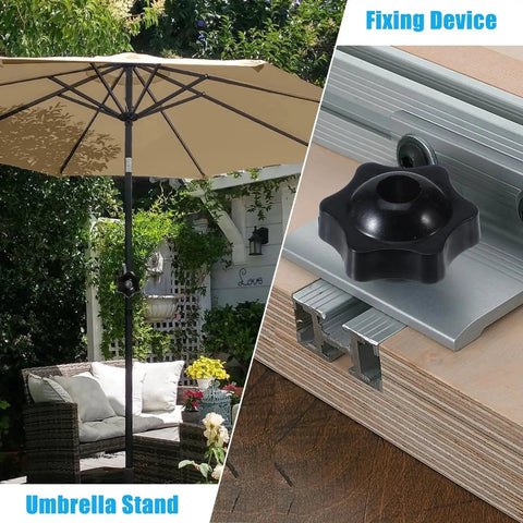 30 Pcs 1/4-20 Star Knobs with hexagon head shown on outdoor umbrella mount and sliding rail fixing device
