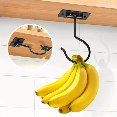 Kitchen hanging banana hook installed under wooden shelf, holding a bunch of yellow bananas. Inset shows close-up of hook installation.