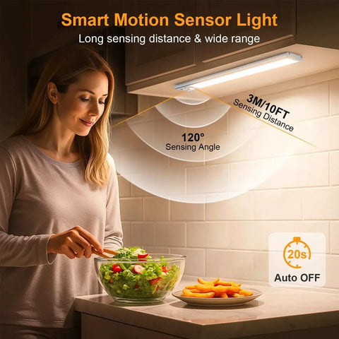 Woman chopping salad under 10.2 Inch Under Cabinet Lighting Kit Rechargeable 2 Pack with Motion Sensor in kitchen.