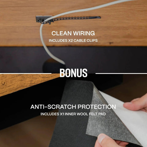 Under Desk Drawer Slide Out Attachment In Carbon Steel With Matte Black Finish, demonstrating cable management and anti-scratch pad.