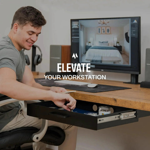 Under Desk Drawer Slide Out Attachment In Carbon Steel With Matte Black Finish, showing ergonomic setup in office workspace.