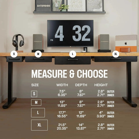 Office desk setup with under desk drawer slide out attachment in carbon steel with matte black finish and size chart display