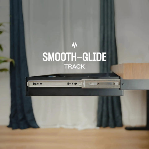 Side view of under desk drawer slide out attachment in carbon steel with matte black finish showing smooth glide track feature.