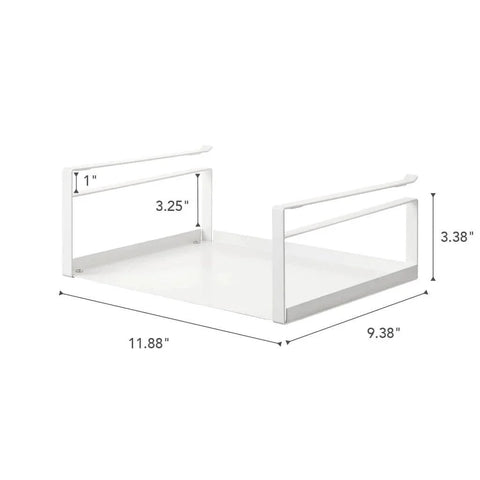 Home Plate Under Shelf Storage Rack - Cabinet Organizer - Steel with dimensions and fitting details for kitchen shelves.
