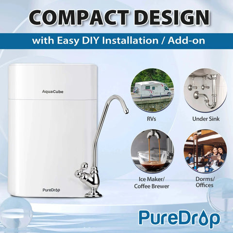 Tankless 0.01 Micron Ultra Filtration Under Sink Water Filter System Four Stage High Capacity for Sink and RV displayed with faucet