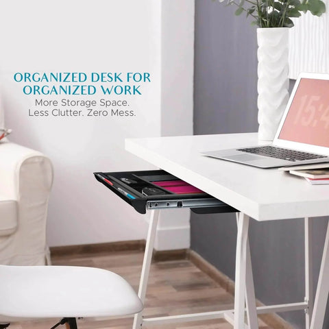 Side view of Pencil Drawer by NYCCO Underdesk Drawer 23 Inch Wide - Ball-Bearing Slides - Black, installed under white desk.