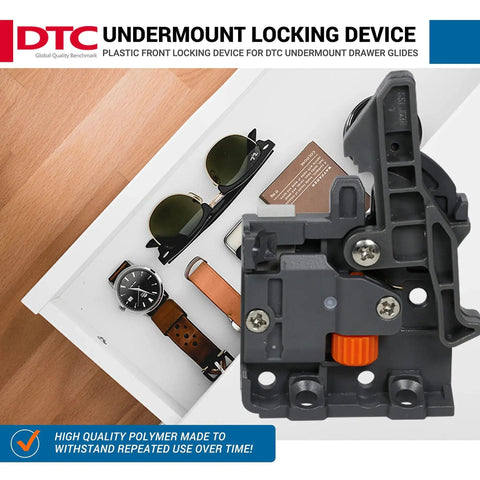 Pair Of Undermount Drawer Slide Front Plastic Locking Devices In Grey With Screws Included For Easy Installation And Adjustment