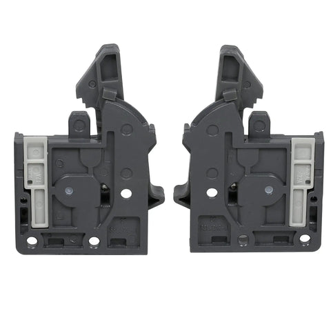 Pair Of Undermount Drawer Slide Front Plastic Locking Devices In Grey With Screws Included For Easy Installation And Adjustment.