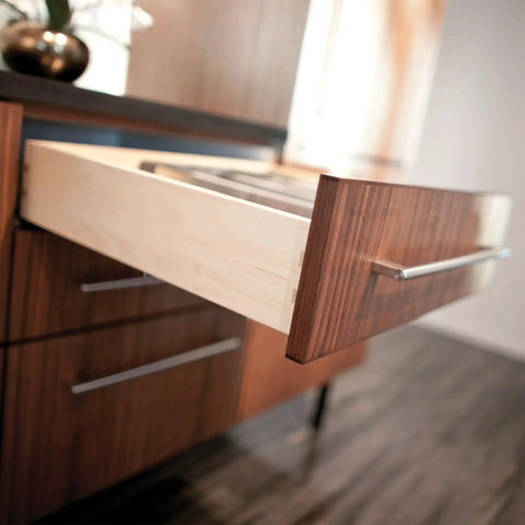 Close-up of a wooden drawer with Blum Tandem Plus Blumotion Concealed Undermount Drawer Runner Kit for wood drawers, 18 inch extension.