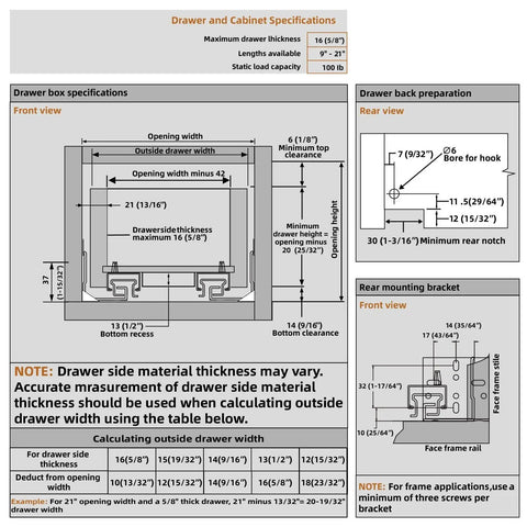 Technical specifications for Undermount Soft Close Drawer Slides 9 to 21 Inch, showing dimensions and installation details.