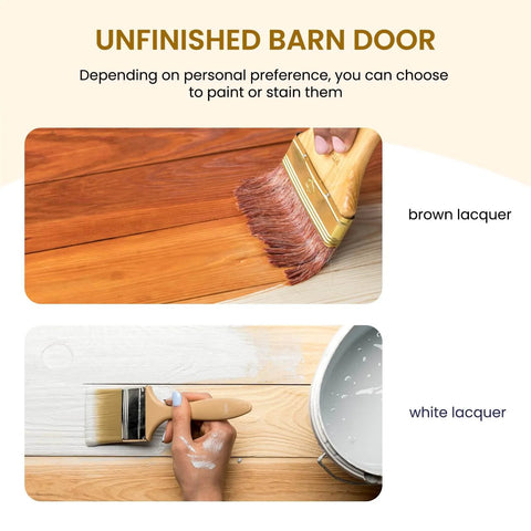 Painting unfinished barn door with brush, showing brown and white lacquer options for 36 in x 84 in Sliding Barn Door with 6.6 ft hardware kit included.