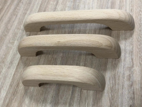 Three unfinished beech wood drawer knobs set, showing different sizes, paintable cabinet handles for cupboard and closet drawers.