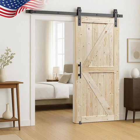 60in x 84in Unfinished British Brace Knotty Barn Door with 10FT J Shape Sliding Hardware Kit, installed in bedroom entry