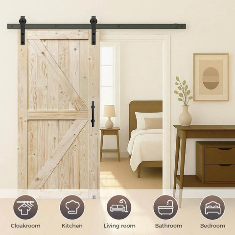 60in x 84in Unfinished British Brace Knotty Barn Door with 10FT J Shape Sliding Hardware Kit installed in living room
