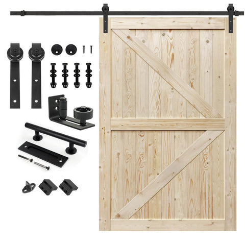 60in x 84in Unfinished British Brace Knotty Barn Door with 10FT J Shape Sliding Hardware Kit, Solid Spruce Wood Construction