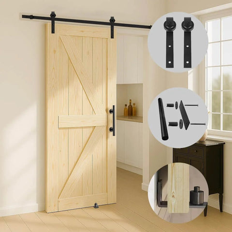 60in x 84in Unfinished British Brace Knotty Barn Door with 10FT J Shape Sliding Hardware Kit in interior setting